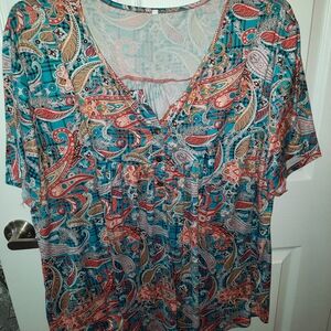 V-Neck Short Sleeve Paisley Blouse in Teal Multi